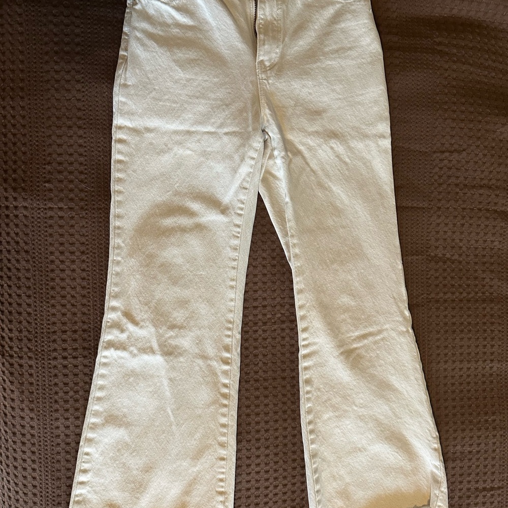 Rollas East Coast Flare Crop — High Waisted Cream Wide-Leg Jeans